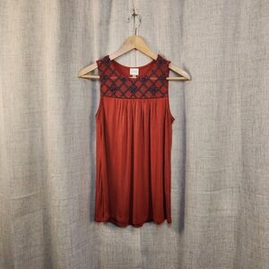 Cupio Embroidered Tank Top Women's S Red Pleated Front Beads Flowy Lightweight